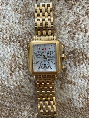 Michele Gold-Tone Square Chronograph with White Dial and Red Logo